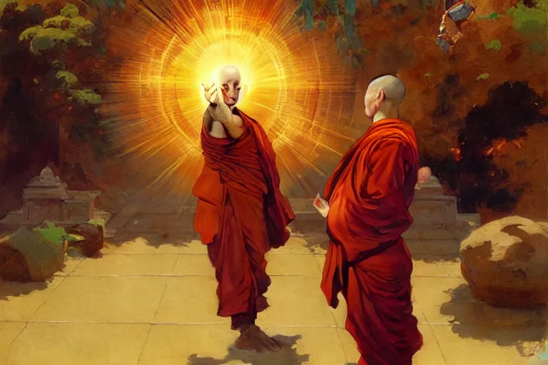 Image similar to monks teaching airbending from the last airbender, painting by gaston bussiere, craig mullins, j. c. leyendecker