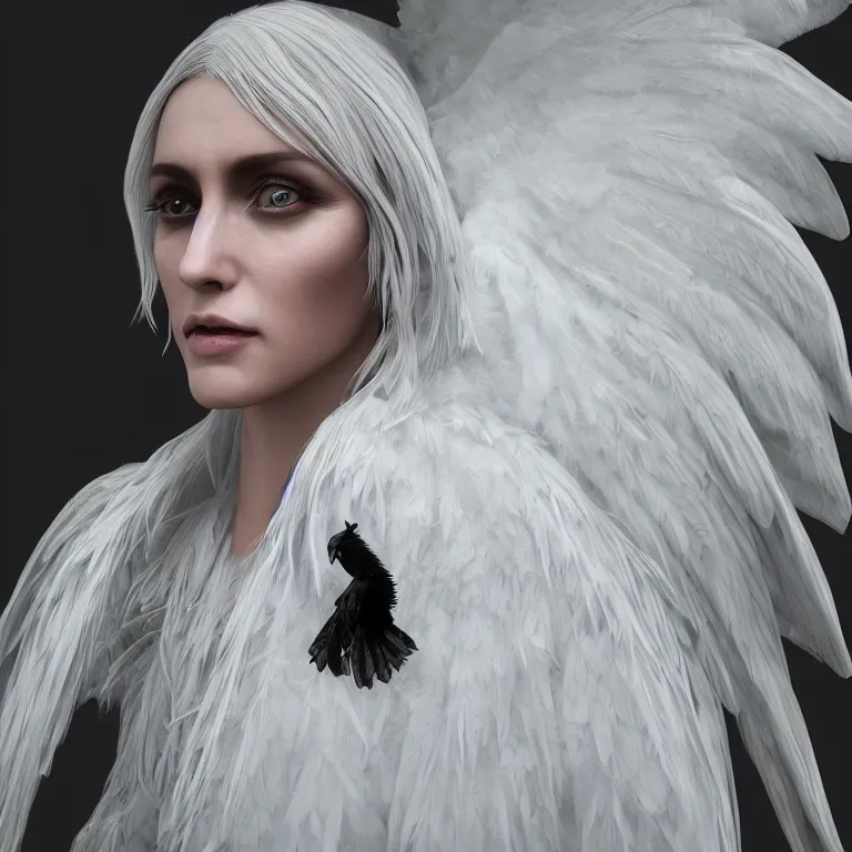 Prompt: hight focus of a wonderful realistic focused sweet wonderful symmetrical mid portrait of a demonic witch with a detailed wonderful, majestic, large semi transparent white cotton dress like as a realistic black raven, dramatic light, octane render - 8 k