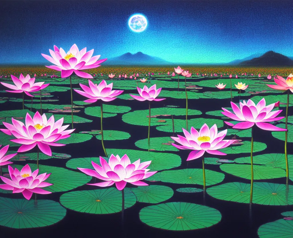 Image similar to a landscape pastel in the style of noriyoshi ohrai and mark tedin of a holy field of lotus flowers, night time. key art. 4 k retrofuturistic fantasy