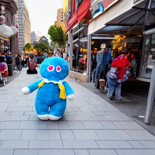 Image similar to blue'snappy gifts'human - sized plush doll, on sidewalk, giving gifts to people, happy atmosphere, high detail, soft lighting, 8 k