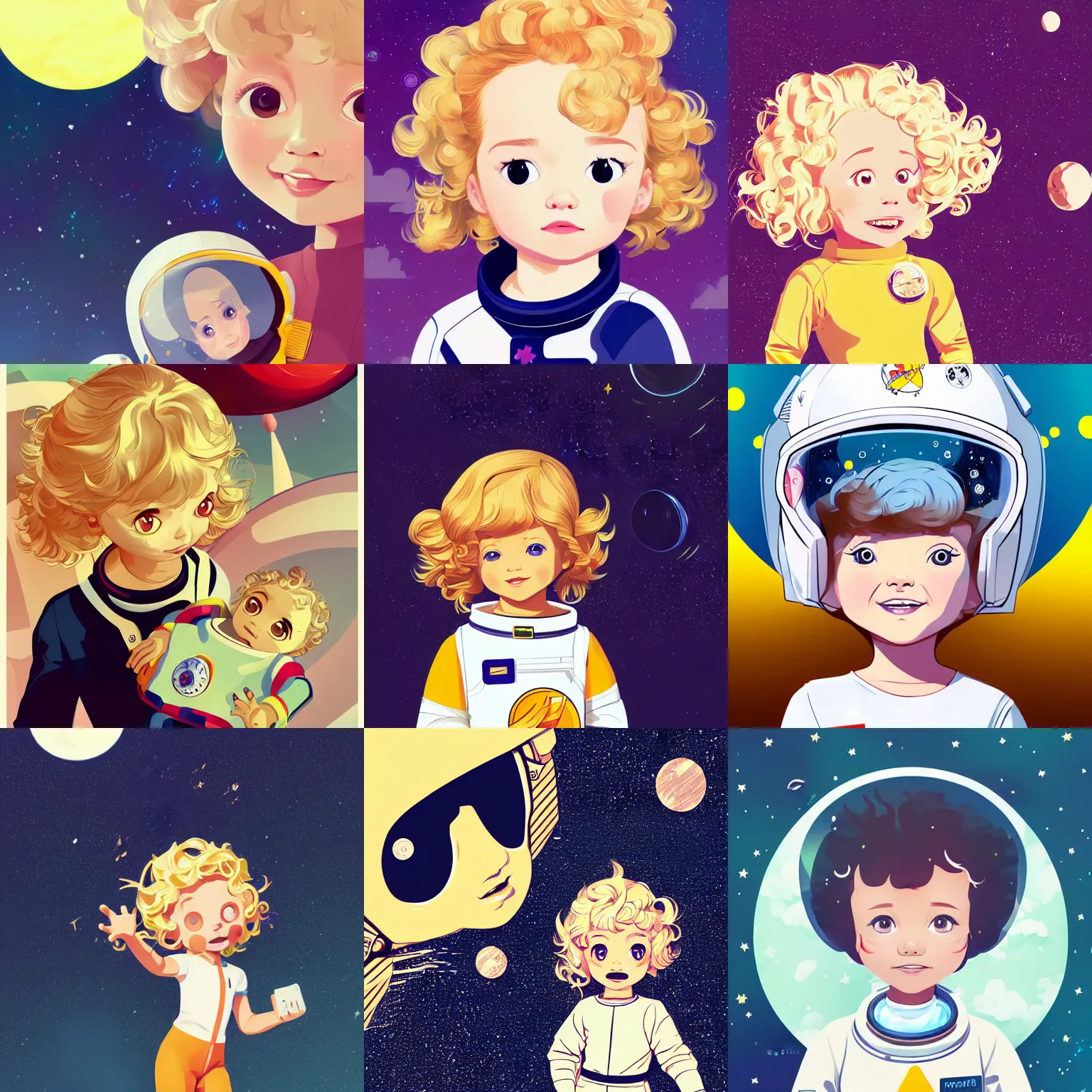 Prompt: blonde curly 2 years old girl, dressed as astronaut, clean cel shaded vector art, shutterstock, behance hd by lois van baarle, artgerm, helen huang, by makoto shinkai and ilya kuvshinov, rossdraws, illustration