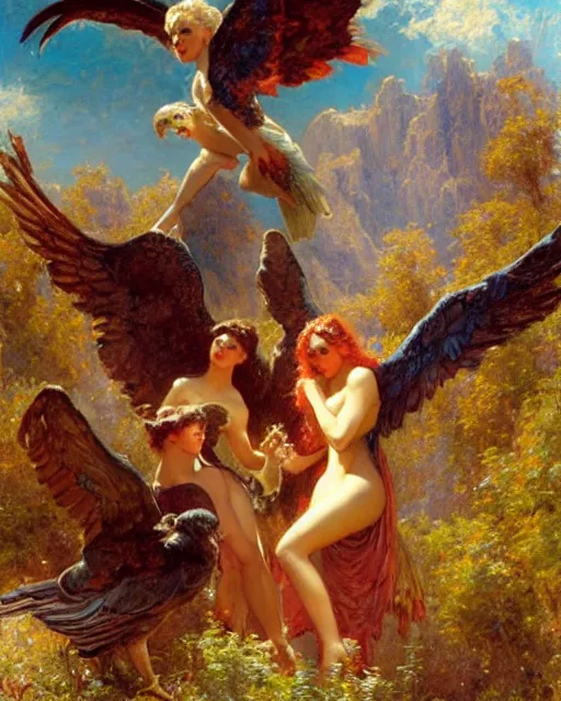 Prompt: harpies find a handsome man in the enchanted valley, painting by gaston bussiere, craig mullins, j. c. leyendecker