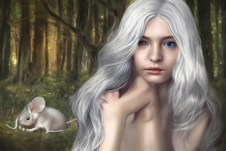Prompt: hyperrealistic portrait of stunningly beautiful silver haired girl with mice ears, lit by dawn light, deep forest on background, trending on artstation,ultrawide angle, f8 , polarizer , unreal engine