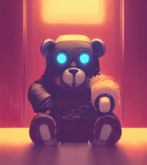 Image similar to portrait of a plush teddy bear, with cool cyberpunk dressing and implants, by greg rutkowski, wlop, beeple, dan mumford. octane render, trending on artstation, greg rutkowski very coherent symmetrical artwork. cinematic, hyper realism, highly detailed, octane render, 8 k, iridescent accents