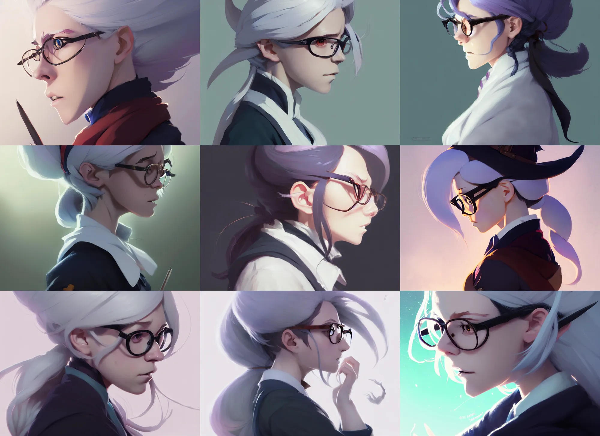 Prompt: side portrait of female student witch by greg rutkowski, witch academia, magic school uniform, white hair color, library nerd glasses, by studio ghibli and ross tran, digital art, trending on artstation, highly detailed, concept art, beautiful, masterpiece