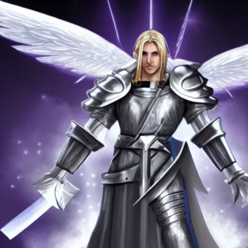 Prompt: An archangel man standing in a medieval battlefield holds up a white fantasy sword with a beacon of light coming down from the sky before refracting off of the swords tip into shattered beam fragments around his body, final fantasy 7 style