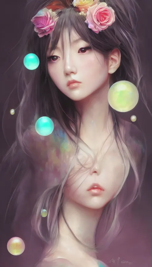 Prompt: japanese anim girl, dreamy and ethereal, expressive pose, big pink eyes, exciting expression, fantasy, intricate, elegant, many rainbow bubbles, rose tones, highly detailed, digital painting, artstation, concept art,cyberpunk wearing, smooth, sharp focus, illustration, art by artgerm and greg rutkowskiand alphonse mucha
