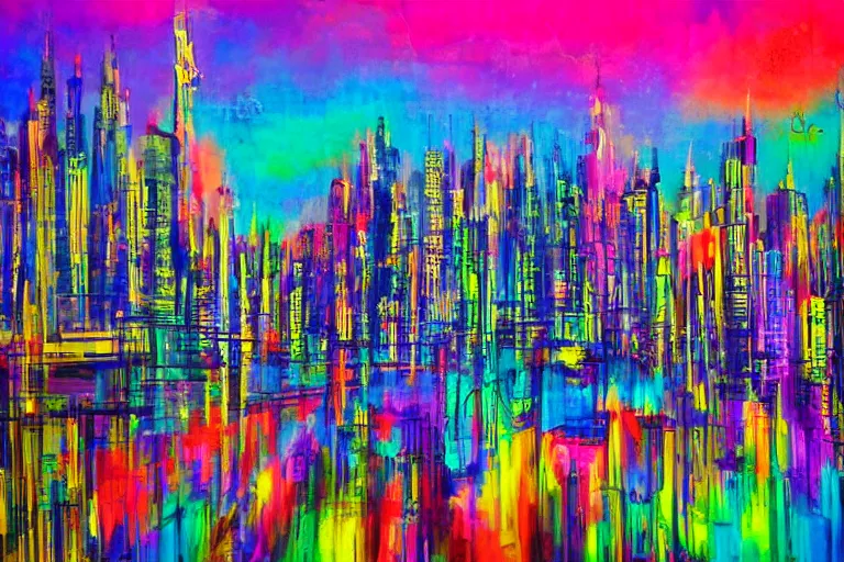 Image similar to surreal colorful nightmarish cityscape