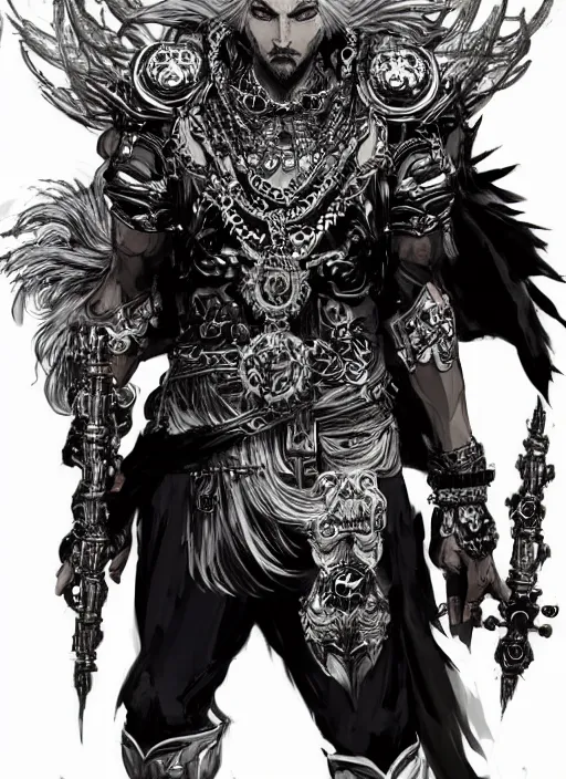 Image similar to Full body portrait of god with silver hair, half man half wolf, wearing ornate attire. In style of Yoji Shinkawa and Hyung-tae Kim, trending on ArtStation, dark fantasy, great composition, concept art, highly detailed, dynamic pose.