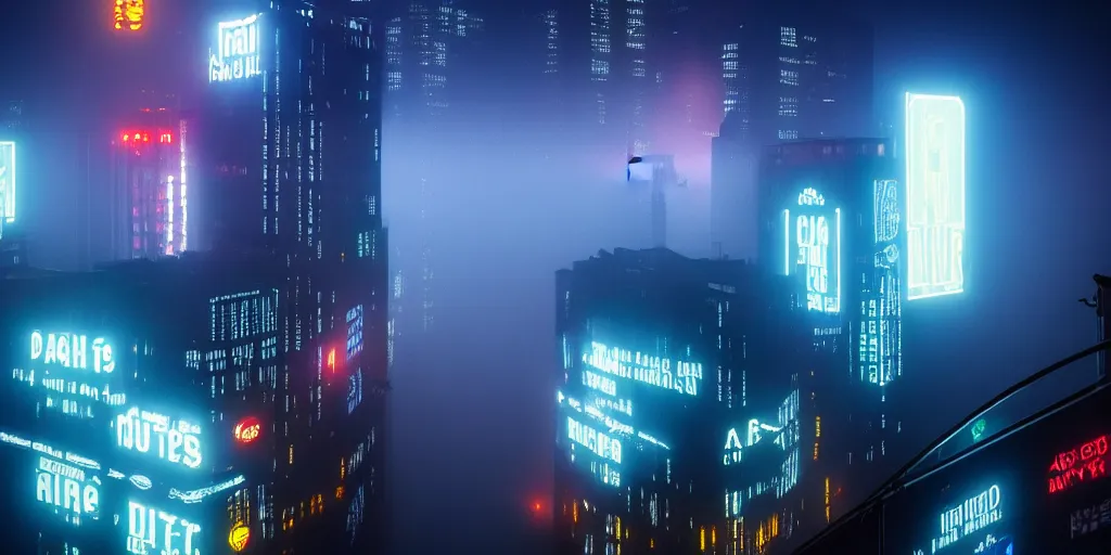Prompt: giant illuminated advert screens, eerie fog, megacity streets seen from above, neon signs, blade runner, ex machina