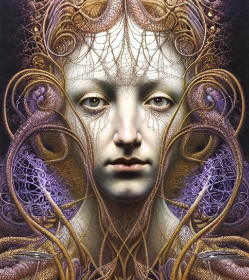 Image similar to detailed realistic beautiful pearlescent goddess face portrait by jean delville, gustave dore, iris van herpen and marco mazzoni, art forms of nature by ernst haeckel, art nouveau, symbolist, visionary, gothic, neo - gothic, pre - raphaelite, fractal lace, intricate alien botanicals, biodiversity, surreality, hyperdetailed ultrasharp octane render