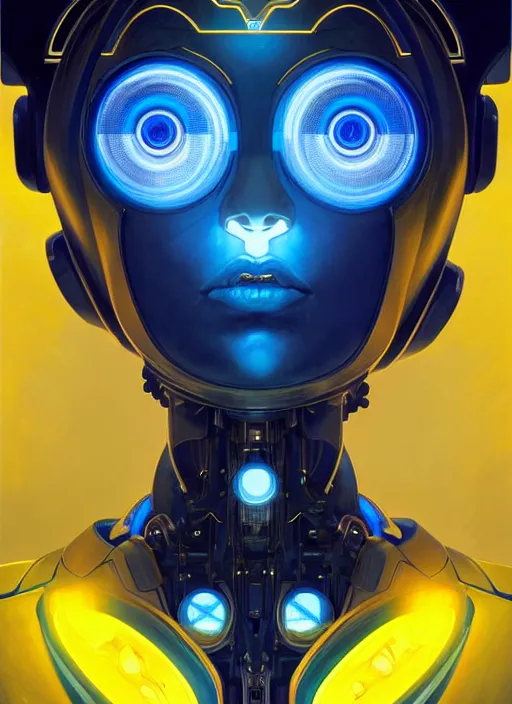 Image similar to symmetry!! portrait of a robot with big eyes, sci - fi, tech wear, blue and yellow glowing lights!! intricate, elegant, highly detailed, digital painting, artstation, concept art, smooth, sharp focus, illustration, art by artgerm and greg rutkowski and alphonse mucha