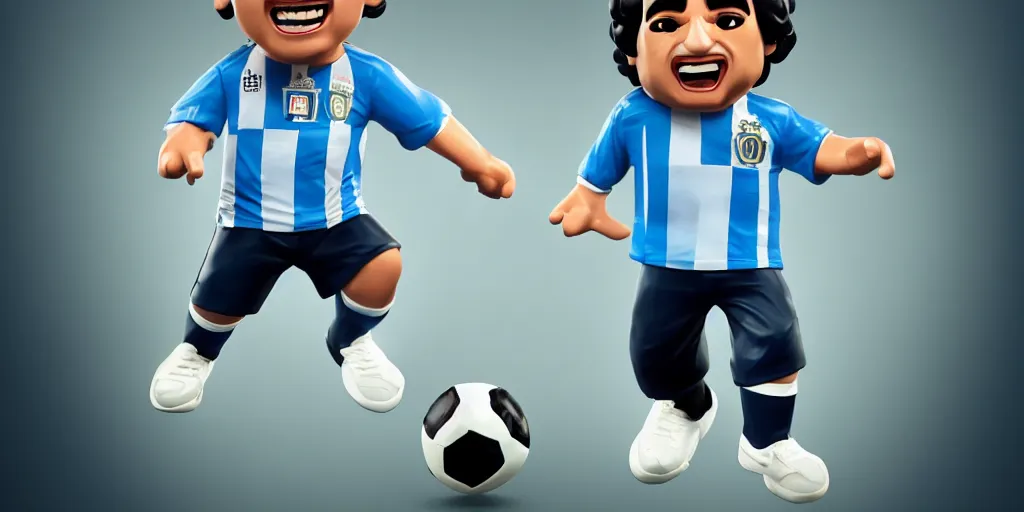 Prompt: funko of maradona with big head, argentina t - shirt, smile, no beard, stand with a ball under his left foot, max resolution, high contrast, cinematic, light cinematic, volumetric, realistic, cinematic lighting, octane render, hyper realistic