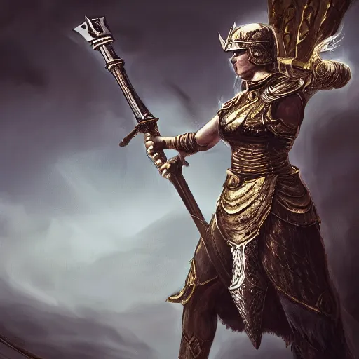 Prompt: Valkyrie wielding an ornate spear in the sky; dark fantasy, concept art, dark souls