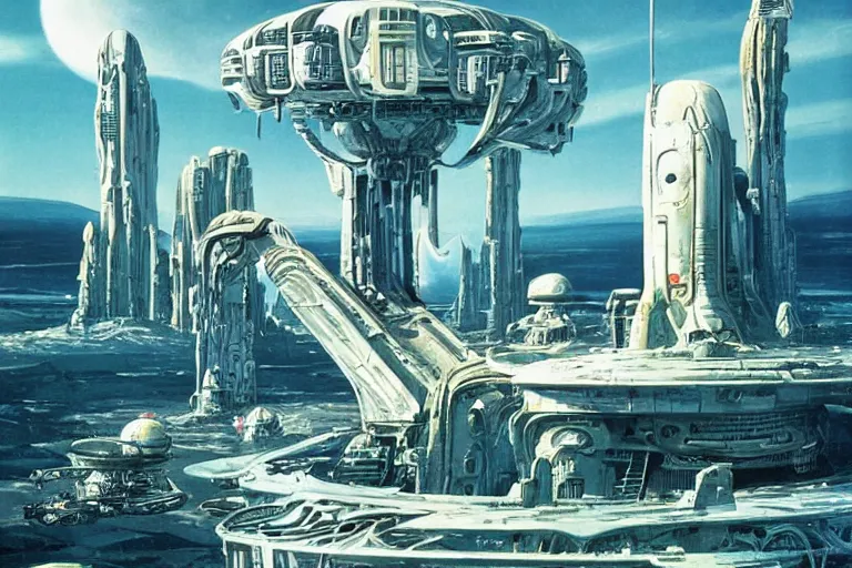 Image similar to a wide white alien tower in an desolated alien landscape, striking, fluid, smooth, bright saturated colours, high contrast, sharpness, very detailed, intricate, by angus mckie, colin hay, stewart cowley, john berkey, wojciech siudmak