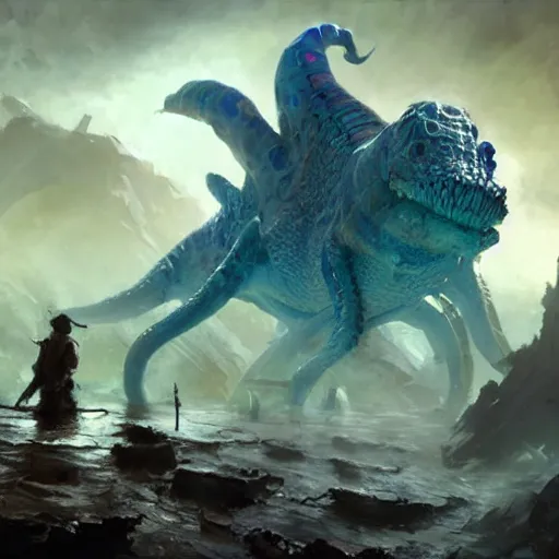 Image similar to blue crocodile squid hybrid, epic fantasy style art by Craig Mullins, fantasy epic digital art, epic fantasy card game art by Greg Rutkowski