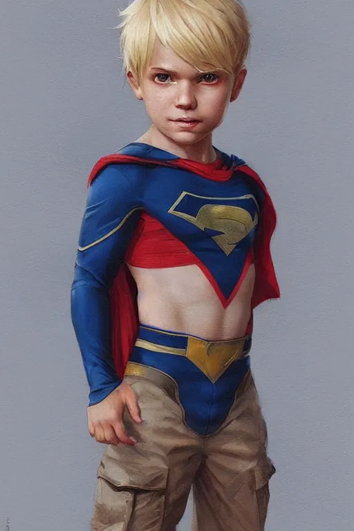 Image similar to a little boy with a michievous face and blonde hair. he is dressed as a superhero. clean elegant painting, beautiful detailed face. by artgerm and greg rutkowski