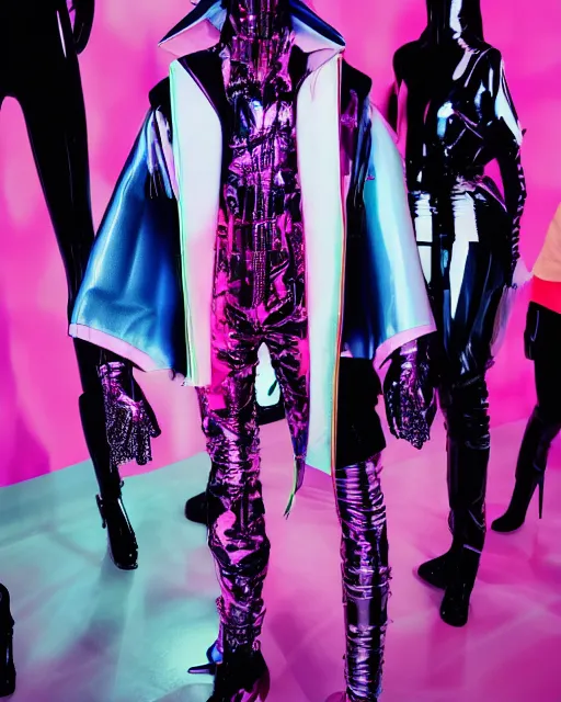 Prompt: an award winning fashion photograph of Balenciaga's fashion week 2049 campaign by Catherine Opie and Hajime Sorayama, Demna Gvasalia, cyberpunk, futuristic, Bladerunner 2049, dazzle camouflage!, dayglo pink, dayglo blue