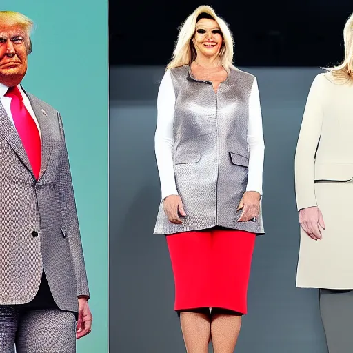 Image similar to donald trump flaunting it runway style in women's clothing now that he has come out as male to female transgender