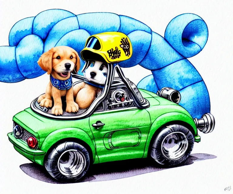 Image similar to cute and funny, puppy wearing a helmet riding in a tiny hot rod with an oversized engine, ratfink style by ed roth, centered award winning watercolor pen illustration, isometric illustration by chihiro iwasaki, edited by range murata, tiny details by artgerm and watercolor girl, symmetrically isometrically centered, sharply focused