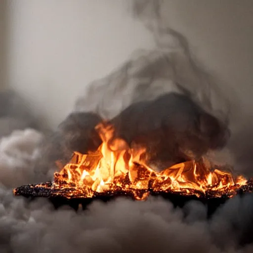Prompt: inside of burning house living room furniture on fire smoke ashes very cinematic exquisite detail hyperrealism