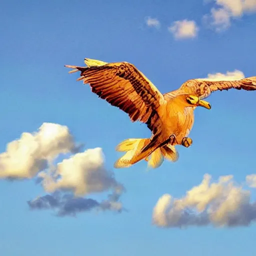 Prompt: Majestic Bird in flight multicolor Grace Beauty Power Gold Diamonds sun clouds trees iridescent