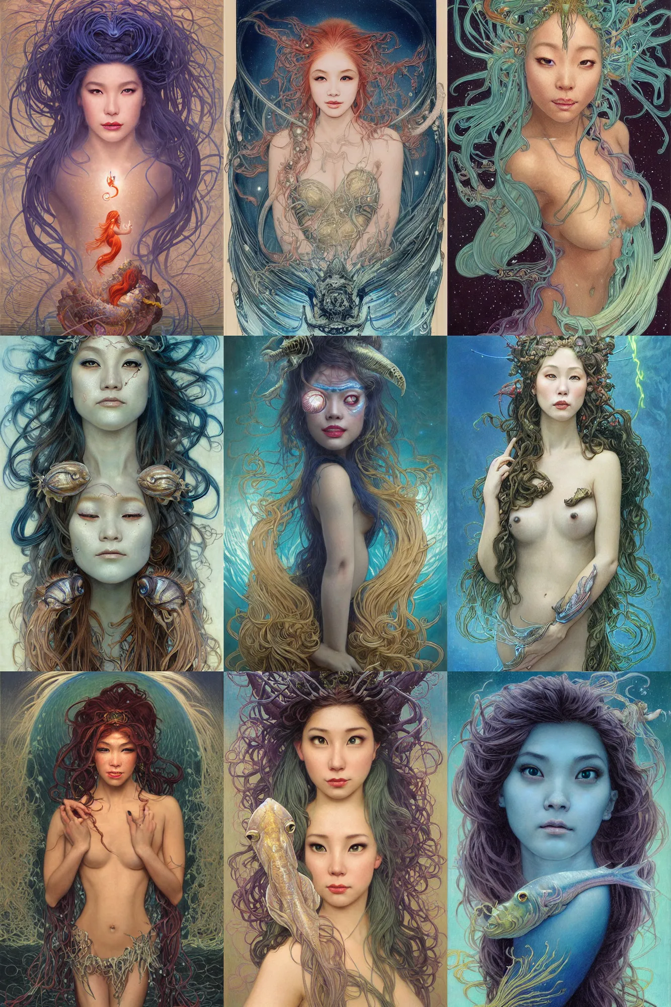 Prompt: stunning, breathtaking, awe-inspiring award-winning realistic concept art face portrait painting of anglerfish mermaid Ashley Liao as a goddess of lasers in the deep sea, sparks, by Julie Bell, Jean Delville, Virgil Finlay, Alphonse Mucha, Ayami Kojima, Amano, Charlie Bowater, Karol Bak, Greg Hildebrandt, Jean Delville, Frank Frazetta, Peter Kemp, and Pierre Puvis de Chavannesa, Art Nouveau, Neo-Gothic, gothic, rich deep colors, cyberpunk, extremely moody lighting, glowing light and shadow, atmospheric, shadowy, cinematic, epic scene, 8K