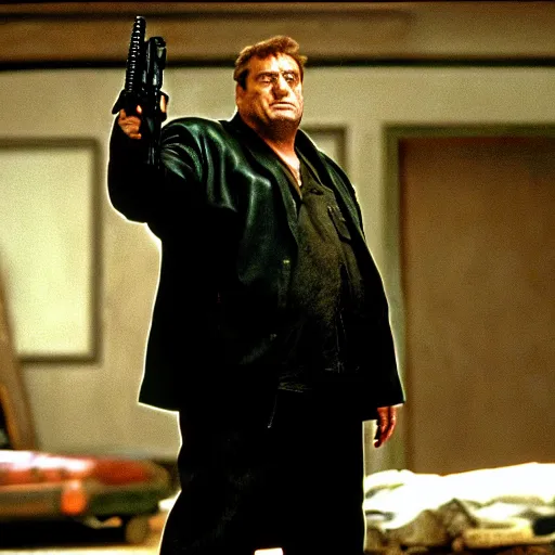 Image similar to john goodman as neo in the matrix movie, realizing he's in the matrix