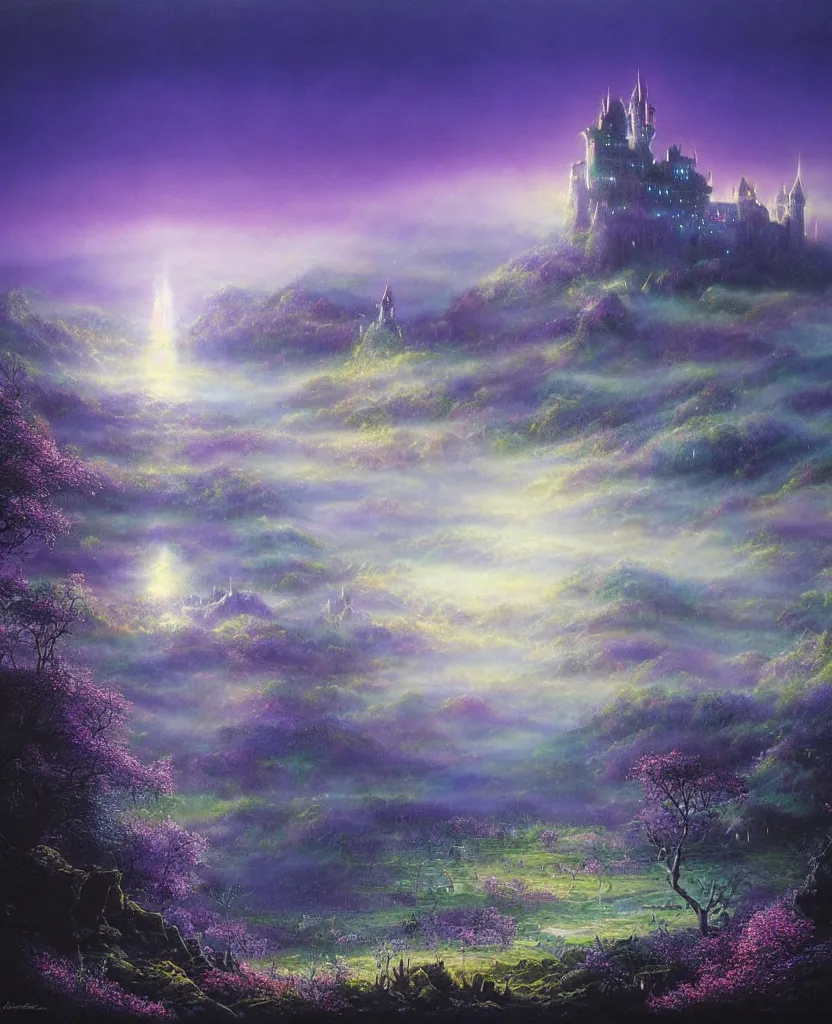 Image similar to beautiful matte airbrush painting of a of a fantasy landscape with a european medieval castle made of light in the distance enveloped in trails of colorful animal ghosts floating around it, clear painting and good lighting, dark blue and intense purple color palette, mystical fog, art by gilbert williams, yoshitaka amano, high quality