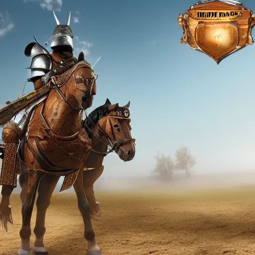 Image similar to middle eastern warrior on his horse the guy is holding a strong heavy sword the weather is foggy and the ground is muddy the horse have a heavy armour on his body photo - realistic unreal engine 5