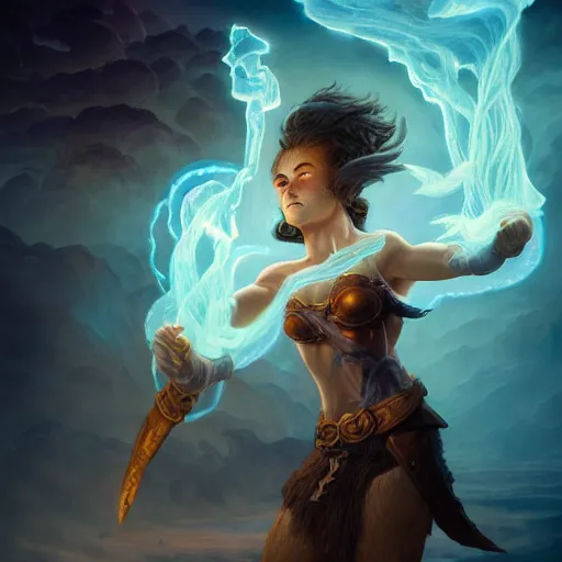 Image similar to full body portrait of a female fantasy halfling hobbit fistfighter, communing with her glowing goddess of mist and light, flowing robes and leather armor, detailed dynamic light painting by peter mohrbacher and albrecht anker