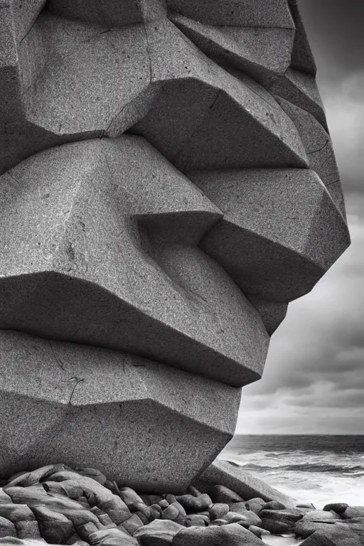 Image similar to a stormy sea shore with brutalist giant architectural rocks, grey tones, 8k resolution, dramatic sky, 3D, depth of field, futuristic , detailed digital art