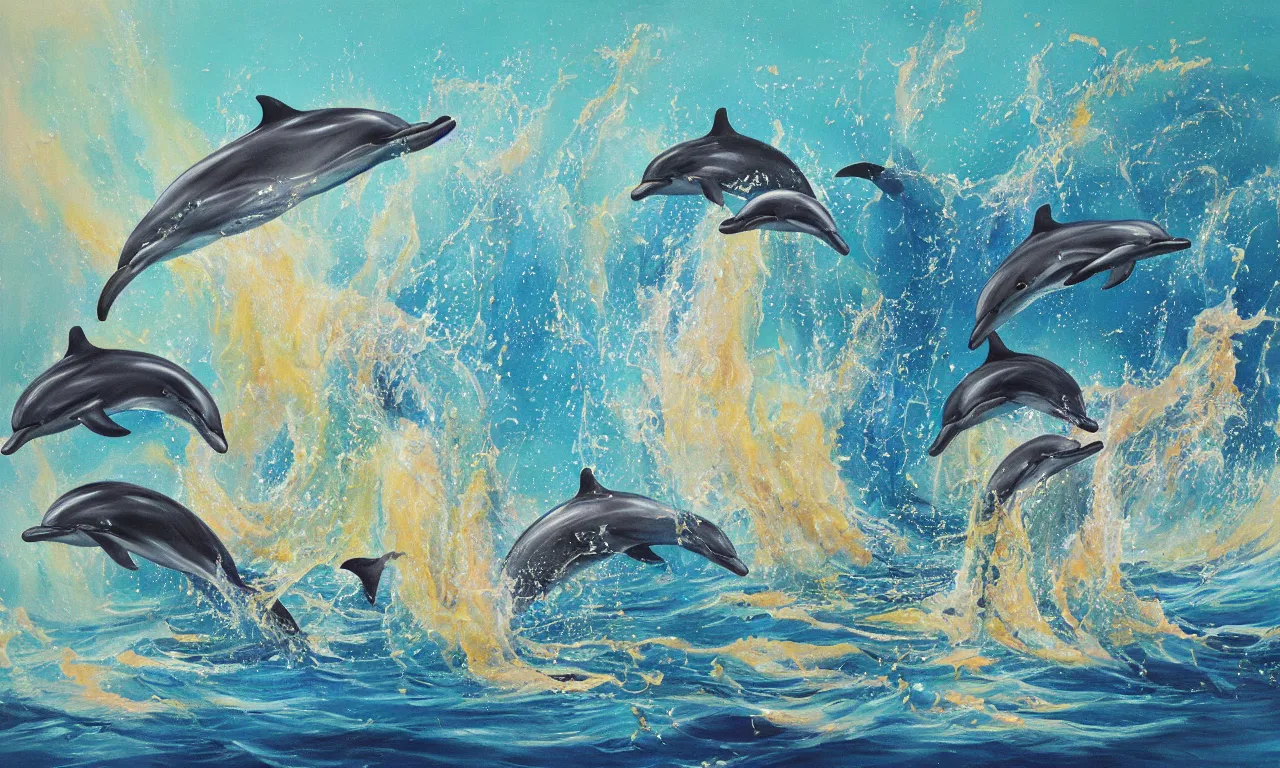 Image similar to painting of splashing water, dolphins, representation with abstraction, frenetic oil painting, values as flat shapes, pastel colors,