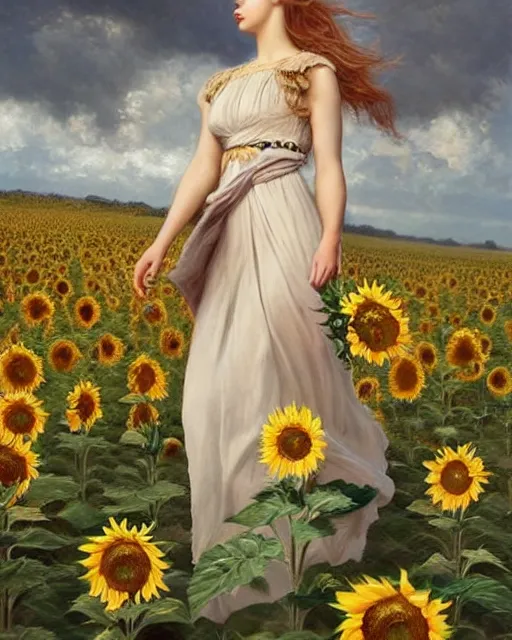 Prompt: a girl slowly walking through amazing tall sunflower field, hair flowing, early morning lightning, bad weather approaching, oil on canvas, artstation, by j. c. leyendecker and edmund blair leighton and charlie bowater, beautiful face, octane, very aesthetic!!!!!!!!!!!!!!!