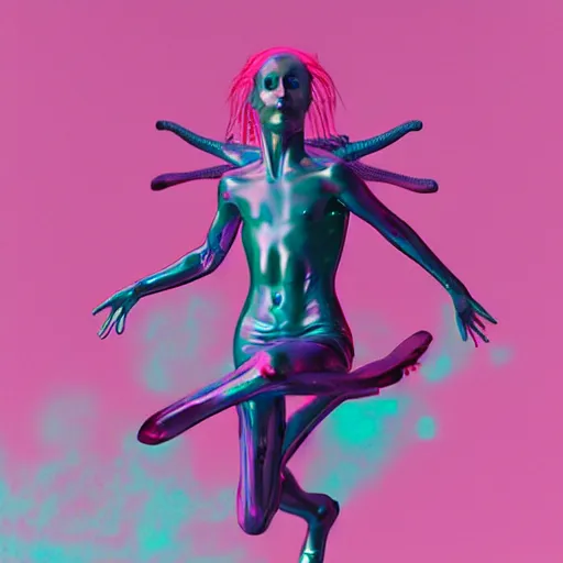 Image similar to born again christian tiktok influencer jumping and talking about how aliens are real only if you eat crayons because they see the phosphorescence in your boddy, in the style of james jean, artstation trending, 8 k, 3 d render, photorealistic, volumetric lighting caustics, pink