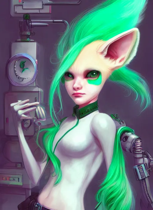 Prompt: beautiful portrait commission of a sexy female pink furry anthro fennec fox fursona casual clothes in a futuristic mechanical laboratory. green hair. character design by charlie bowater, ross tran, artgerm, and makoto shinkai, detailed, inked, western comic book art