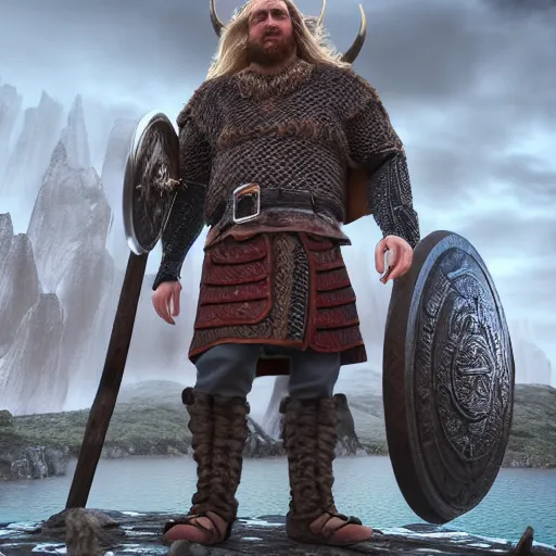 Image similar to an ultra detailed mighty viking standing portrait in front of a highly detailed landscape of a big and structured norse city inspired by valhalla, big and structured valhalla city, viking heaven, god rays, inspired by norse mythology, 4k digital art, octane render, trending on artstation, digital art,