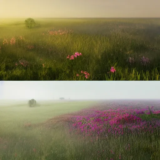 Image similar to a matte painting of a european prairie, cottages, foggy, patchy flowers, oil painting, pale colors, high detail, 8 k, wide angle, trending on artstation,