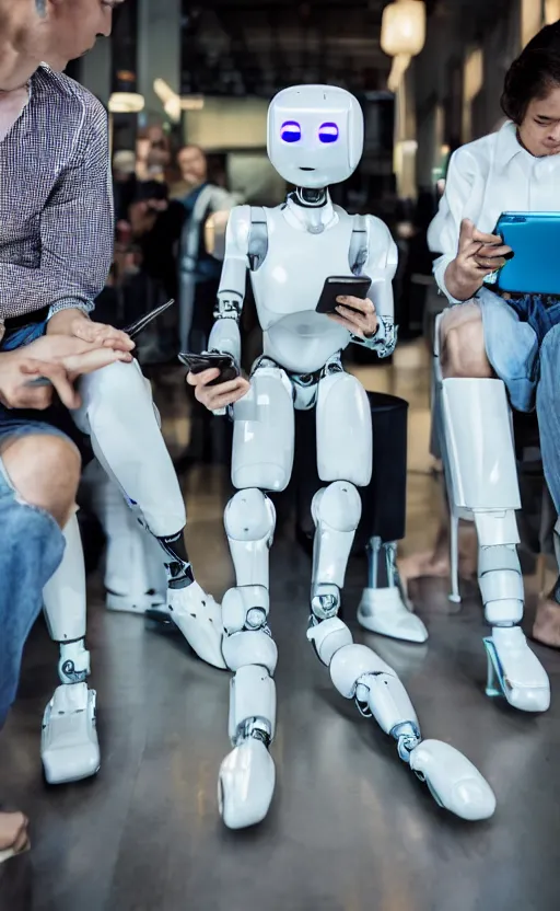 Prompt: robotic humans checking their cell phones one in each hand and one in each foot editorial photograph