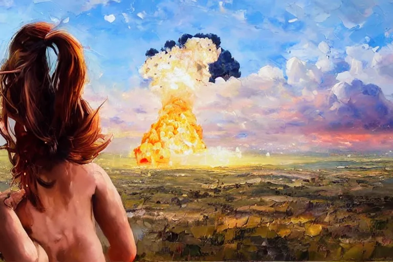 Prompt: girl with a ponytail wearing bikini looking at a nuclear bomb test, expressive oil painting, digital art, high quality, by michael garmash, by rob rey, by conrad roset, beautiful girl, apocalyptic, huge nuclear mushroom cloud