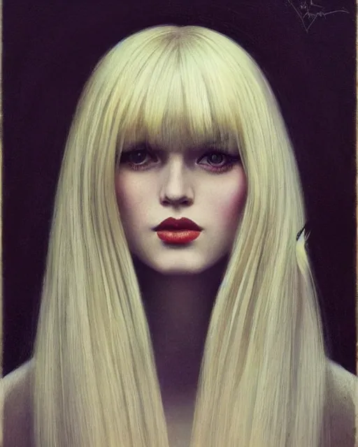 Prompt: portrait 1 9 6 0 s elegant blonde beautiful mod girl, long straight 6 0 s hair with bangs, groovy, by tom bagshaw, sargent