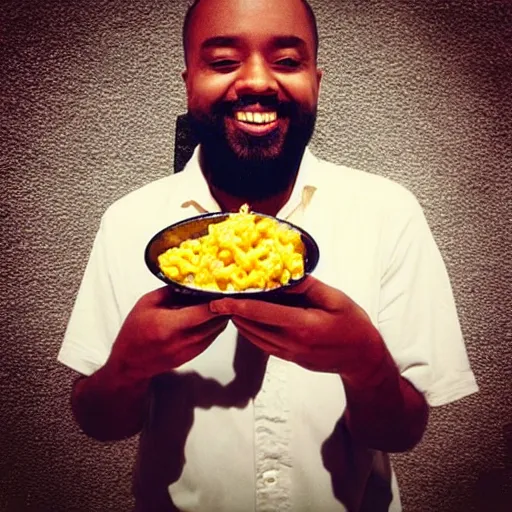 Prompt: “ Jesus eating some mac n’ cheese while looking happy”