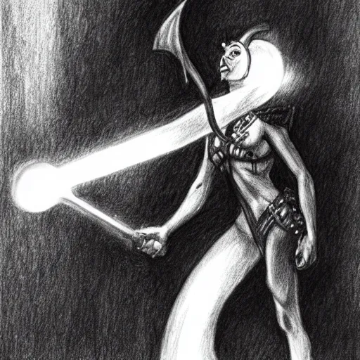 Image similar to Crazy Tiefling with a torch.. Fantasy. Pencil drawing