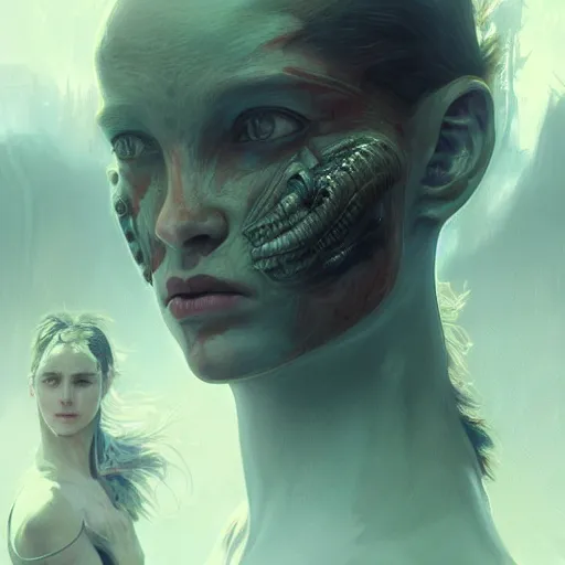 Image similar to portrait painting of a dimly lit futuristic rugged male and female rebel, alien world, colonisation, model pose, ultra realistic, concept art, intricate details, eerie, highly detailed, photorealistic, octane render, 8 k, unreal engine. art by artgerm and greg rutkowski and alphonse mucha