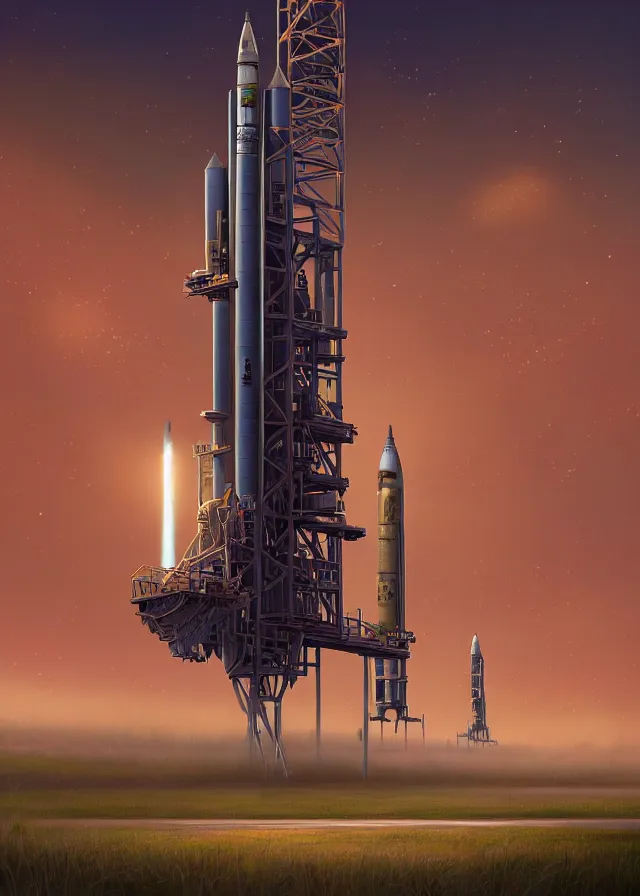 Image similar to epic professional digital art of vertical rocket on launch pad, at takeoff, ambient light, painted,, cinematic, detailed, grand, leesha hannigan, wayne haag, reyna rochin, ignacio fernandez rios, mark ryden, van herpen, artstation, cgsociety, epic, stunning, gorgeous, wow wow detail