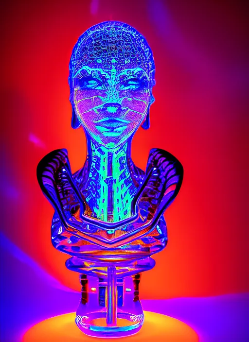 Image similar to ( isometric view, beautiful woman queen chess piece ( top bioluminescence ) ( bottom parametric ) ), beautiful face, reflection of led lights, algorithmic, intricate detail, futuristic, very detailed, highly detailed background, sharpfocus, photorealism, soft diffuse autumn lights, some sun light ray, dark room wall, canon 5 d 5 0 mm lens