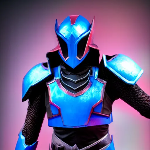 Image similar to High Fantasy Kamen Rider, blue armor with red secondary color, 4k, glowing eyes, daytime, grid textured armor plating, rubber suit, dragon inspired armor