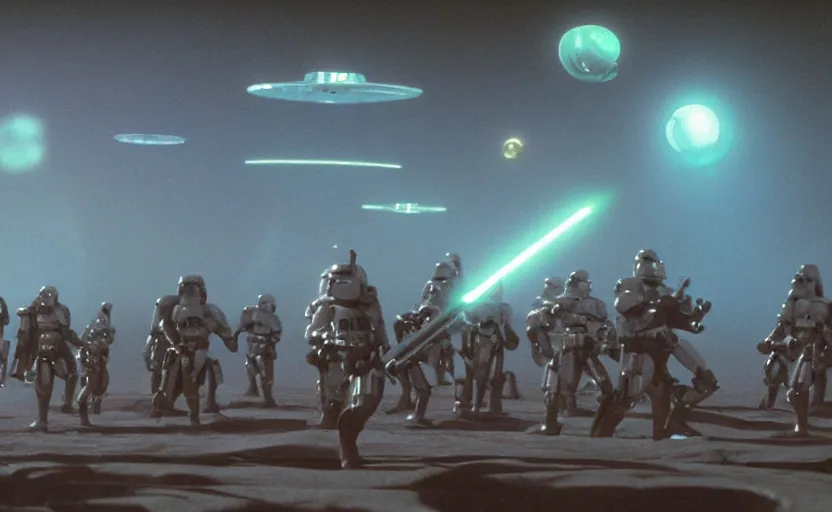 Prompt: still image screenshot floating jellyfish planet, jedi temples floating in mid air, from the tv show mandalorian on disney +, surreal scene with a dozen jedi soldiers igniting lightsabers looking up at - at imperial walkers, anamorphic lens, 3 5 mm film kodak from empire strikes back 1 9 8 3