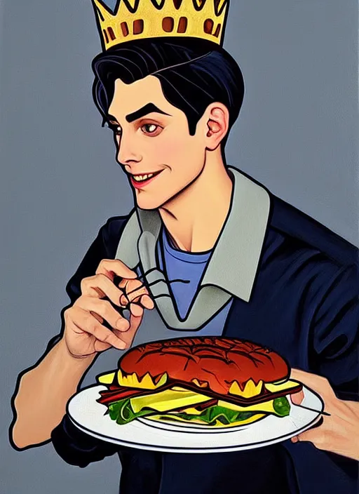 Image similar to oil painting, jughead jones wears a light grey crown, and devours a hamburger, intricate, elegant, highly detailed, lighting, painting, artstation, smooth, illustration, art by greg rutowski and alphonse mucha