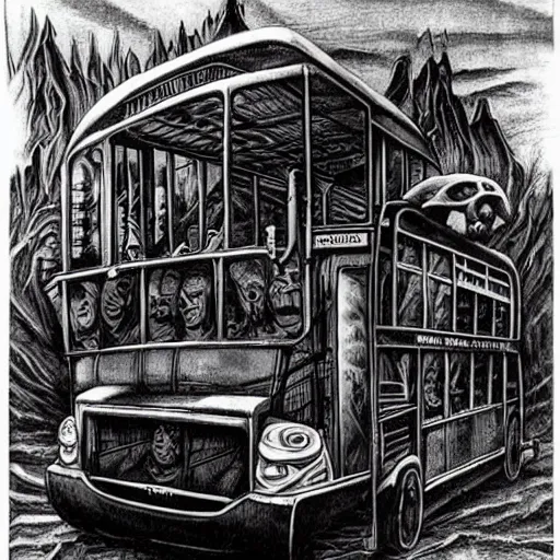 Image similar to an evil and grotesque school bus. h. r. giger, h. p lovecraft, surrealism